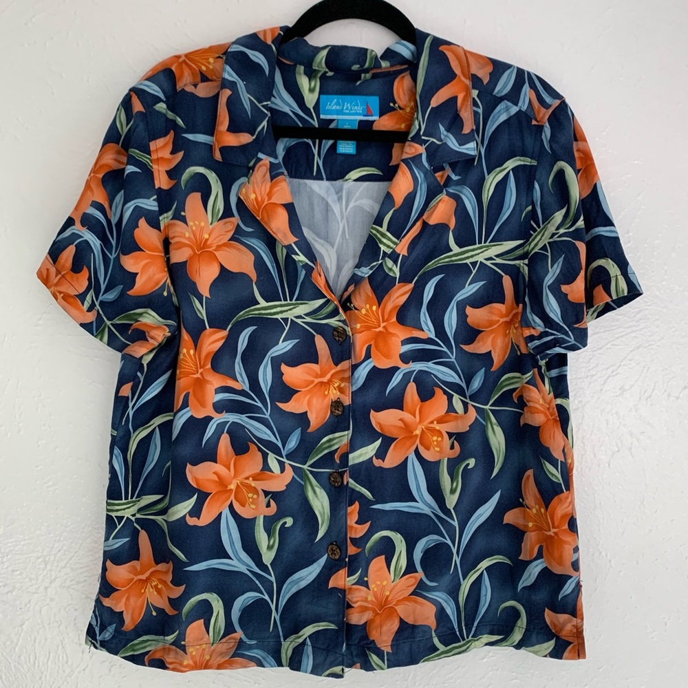 Island Winds Vintage 90s Tropical Floral Hawaiian Vacation Button Down Top Sz L